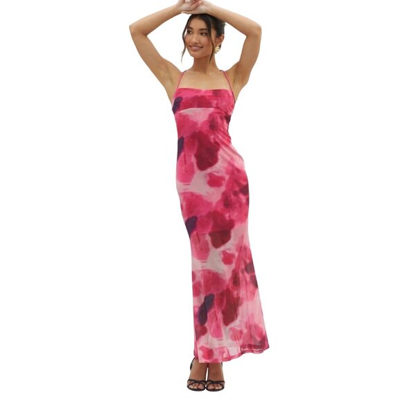 Selfie Leslie Dresses & Skirts - Selfie Leslie Floral Mesh Maxi Dress Size S Dark Floral Fairy Coquette Strappy `